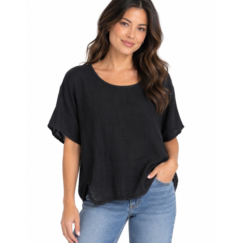 Sigrid Olsen Black 100% Linen Boxy Dolman Sleeve Blouse Top Womens Small